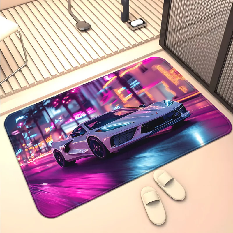 Tapis de porte VIKAMA pour salle de jeux garçons, néon violet bleu, supercar, lumière nocturne urbaine, antidérapant, absorbant, pour salle de bain