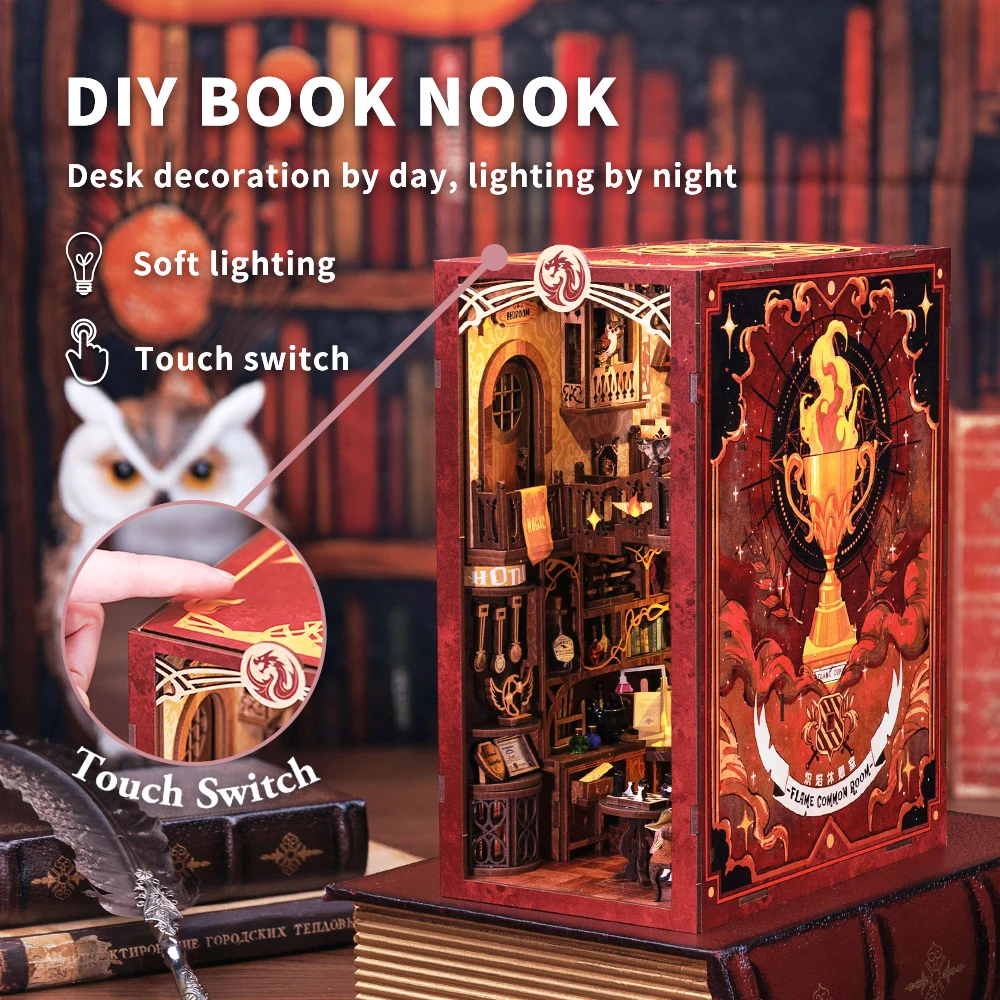 CUTEBEE-Livro Nook Doll House, 3D Puzzle Com Toque De Luz, Capa Contra Poeira, Idéias De Presentes Mágicos, Inserção De Estante, Chama Sala Comum