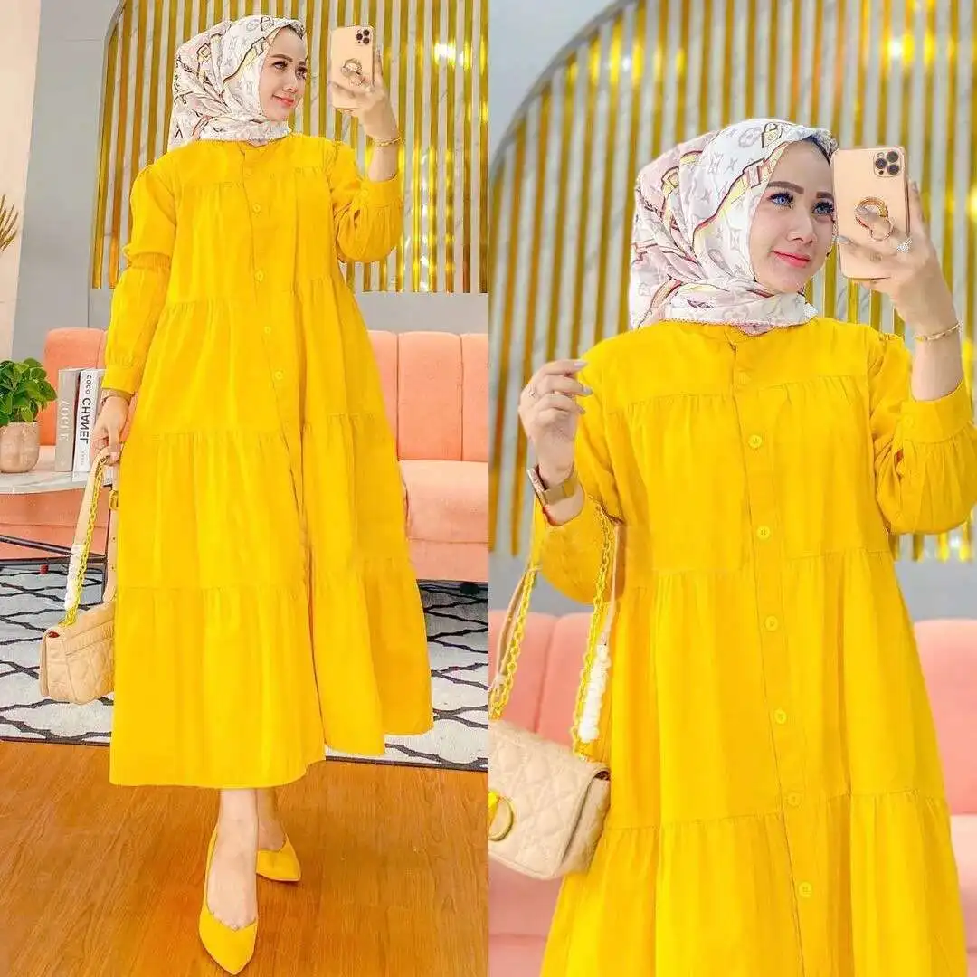 M889 #   Robe musulmane en coton à manches longues pour femmes arabes, jupe indonésienne du sud-est, Ramadan, dubaï, luxe, Islam, élégante