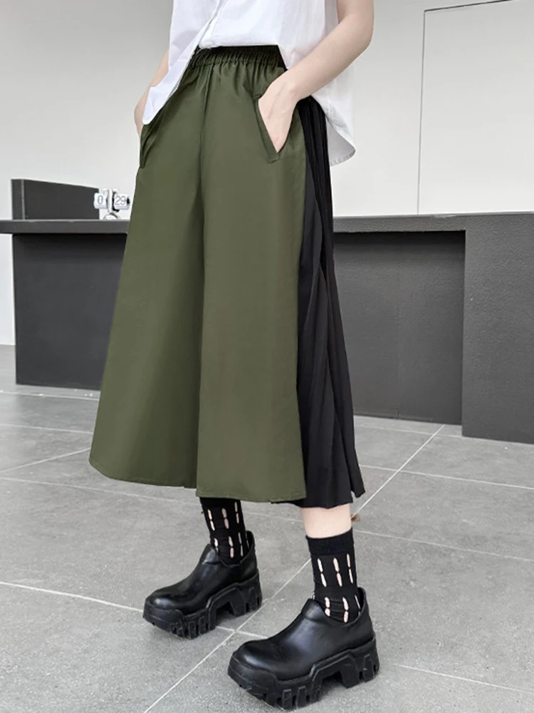 High Elastic Waist Army Green Color-block Pleated Wide Leg Pants New Trousers Women Fashion Spring Autumn