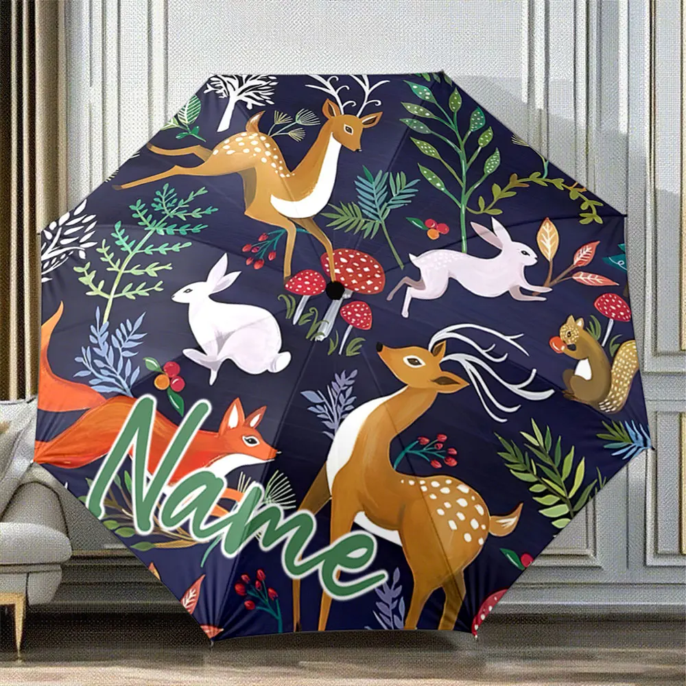 Custom Name Umbrella Forest Deer and Rabbit with Woodland Animals 8 Iron Ribs Folding Umbrella Auto-Open Fashion Sunshade