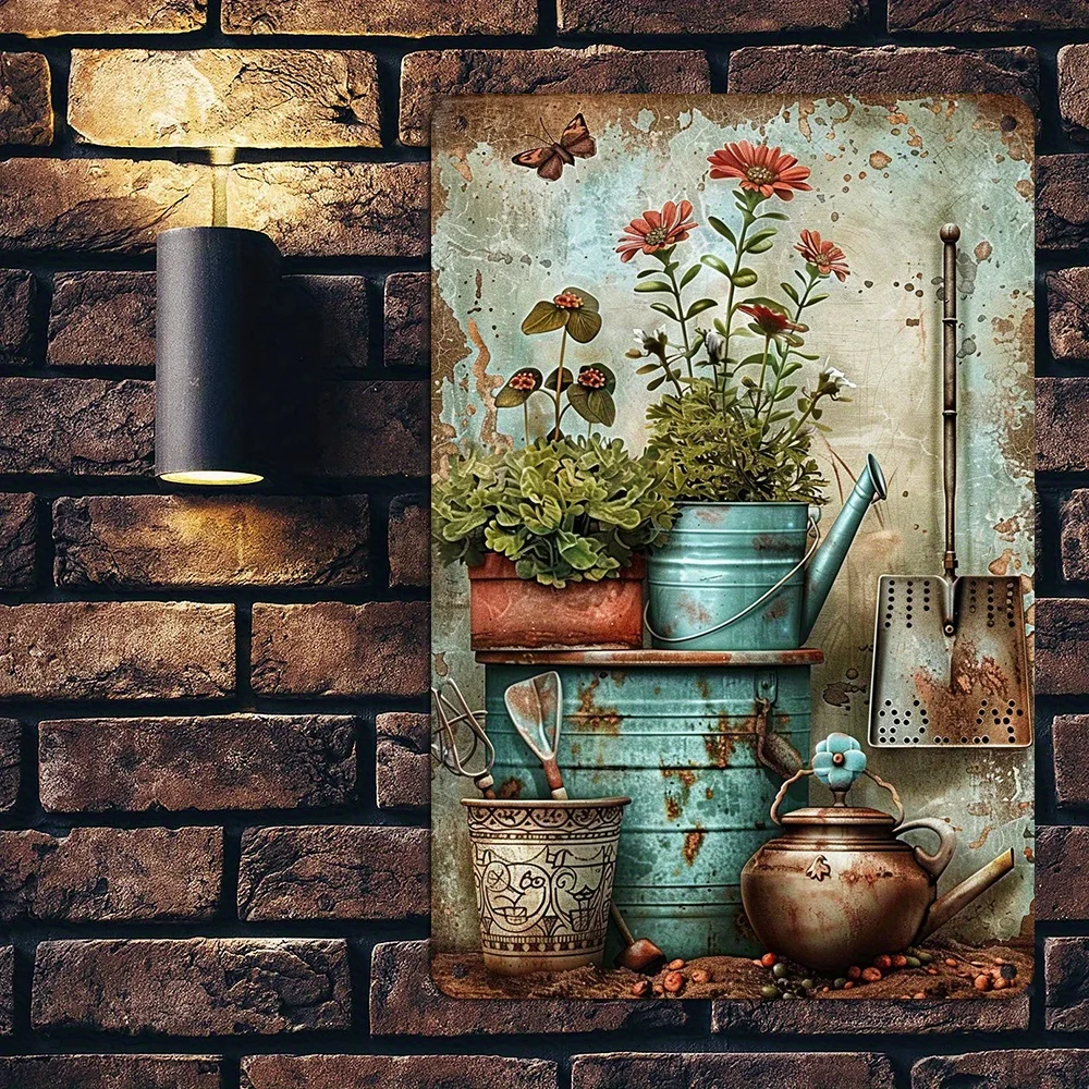 

Gardening Tools Potted Plants Metal Wall Decor Weather Resistant Iron Billboard Pre-punched 8x12 inches Home Garden Decoration