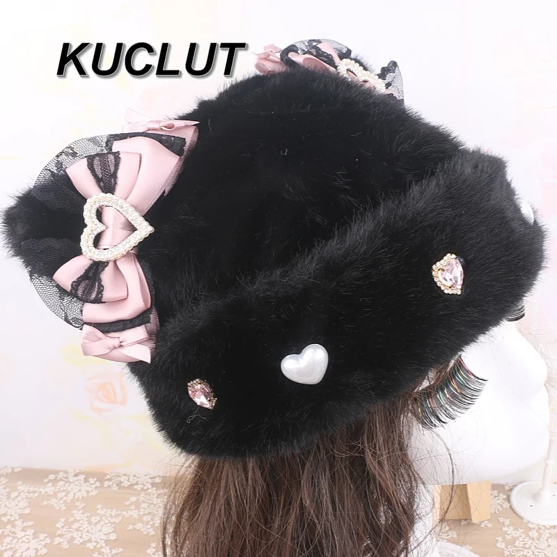 Original Lolita süße schwere Handwerksschleife importierte Spitze Strass flauschige Mütze für Frauen Herbst und Winter warme Damenmützen