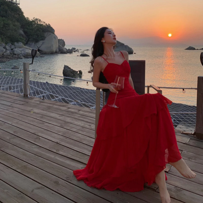 Czerwona Słodka Sukienka na Ramiączkach Damska Boho Wakacyjna Sukienka Szyfonowa Koreański Szyk Harajuku Falbanki Wysoki Stan Wyszczuplająca Sukienka na Cienkich Ramiączkach Vestidos