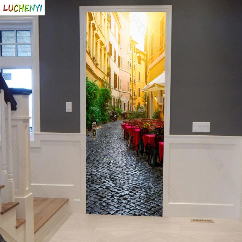 Papel de parede Street restaurant high-rise building table landscape door sticker bedroom door wallpaper mural , home decoration