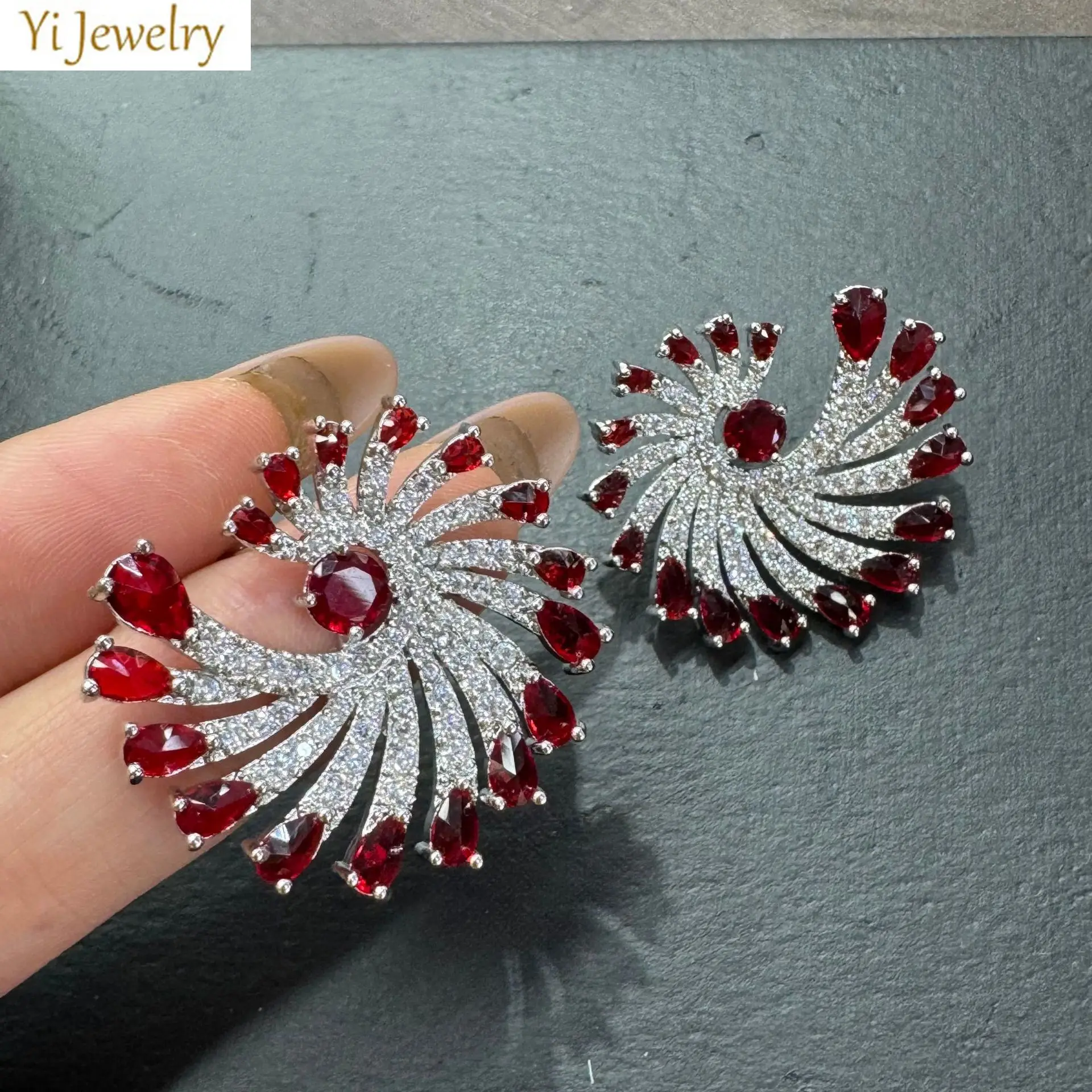 

luxury shiny zirconia stud earrings for women silver gold color white red green zircon firework earrings dinner party gift