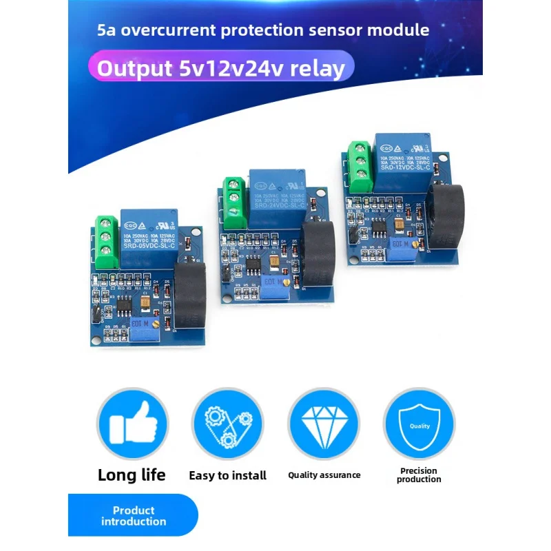 AC Current Detection Sensor Module, 5A Overcurrent Monitor with Relay 5V 12V 24V for Circuit Protection