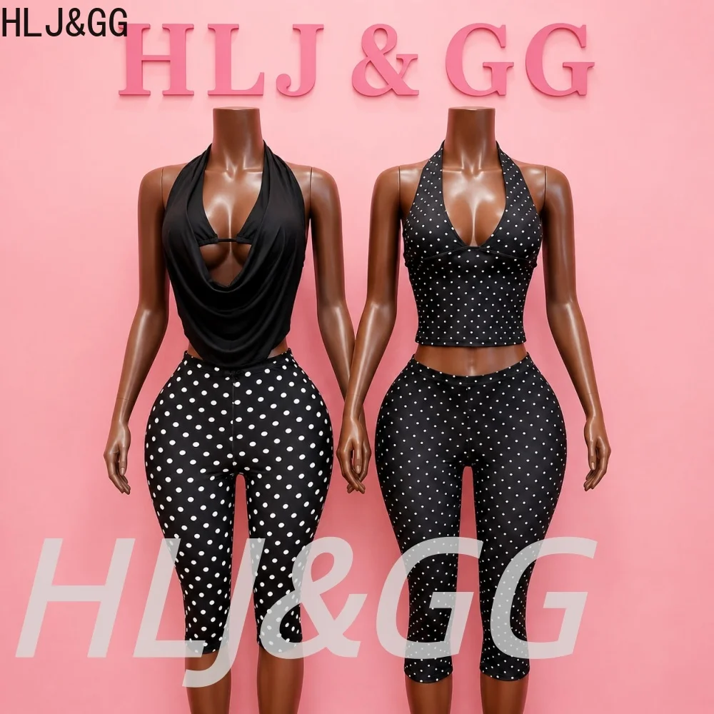 HLJ&GG Fashion Polka Dot Print Two Piece Sets Women Halter Sleeveless Crop Top And Shorts Outfits Y2K Trend 2pcs Streetwear 2026