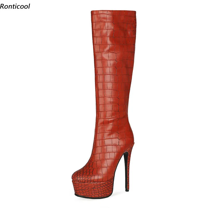 Ronticool New Fashion Women Winter Platform Knee Boots Side Zipper Stiletto Heel Round Toe Club Wear Shoes Plus Size 35 45