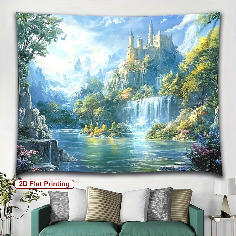 Fantasy Castle Landscape Tapestry – Enchanting Nature Scene, Mythical Art Wall Hanging, for Bedroom or Dorm Decor