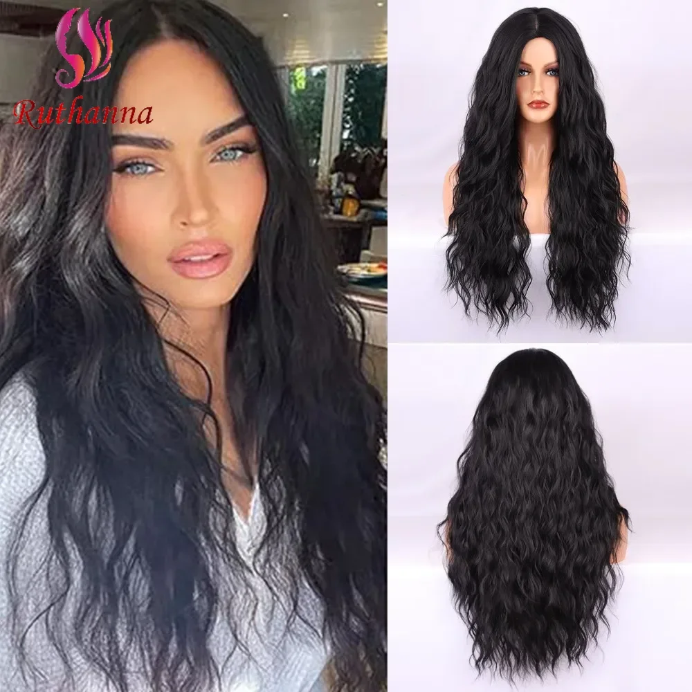 Water Wave Wool Roll Black Middle Part Corn Perm Synthetic Long Curly Wig For Women Realistic Scalp Heat Resistant Fiber Wig