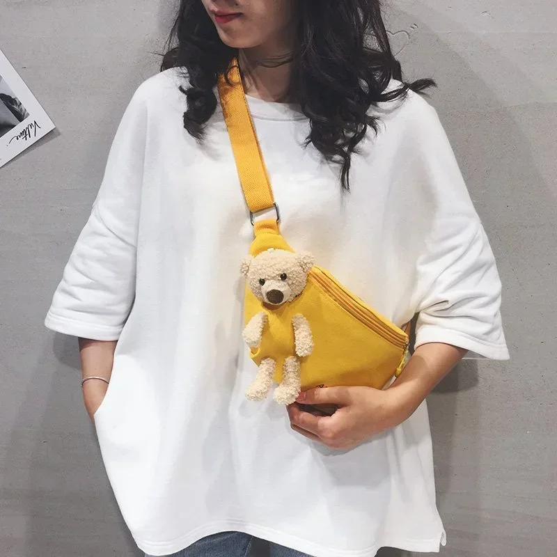 2023 Solid Color Canvas Shoulder Bags Cute Bear Waist Belt Bags for Women Designer Crossbody Bag Fanny Pack Coin Money Key Pouch