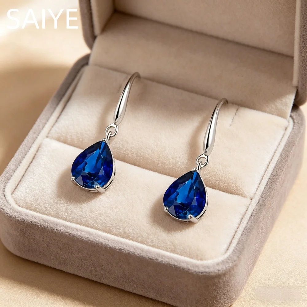 Women's Blue Sapphire Pear Cut Drop Earrings, Bridal Gift