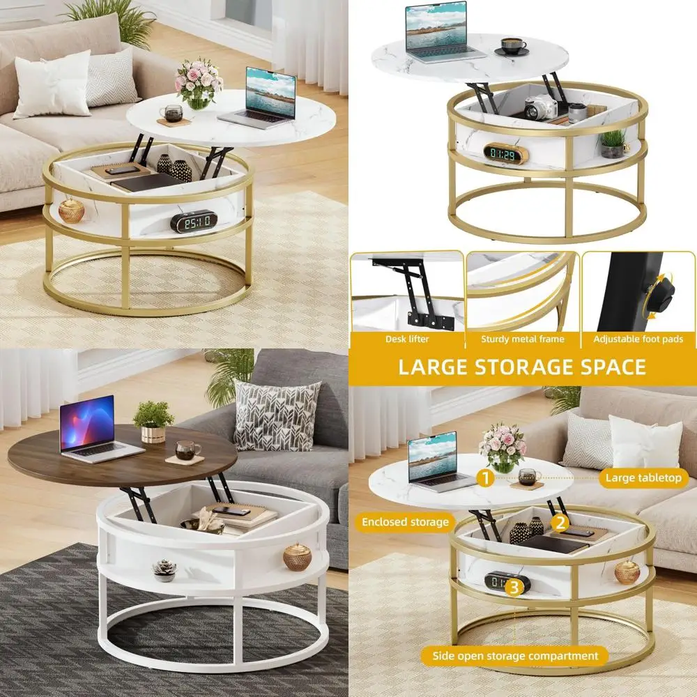 Rustic Round Lift-Top Coffee Table with Storage and Hidden Compartment for Living Room