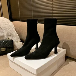 Comemore Pointed Toe Fleeces Women Sock Boots Fashion Side Zippers Shoes Autumn Winter High Heel Women's Morder Short Booties