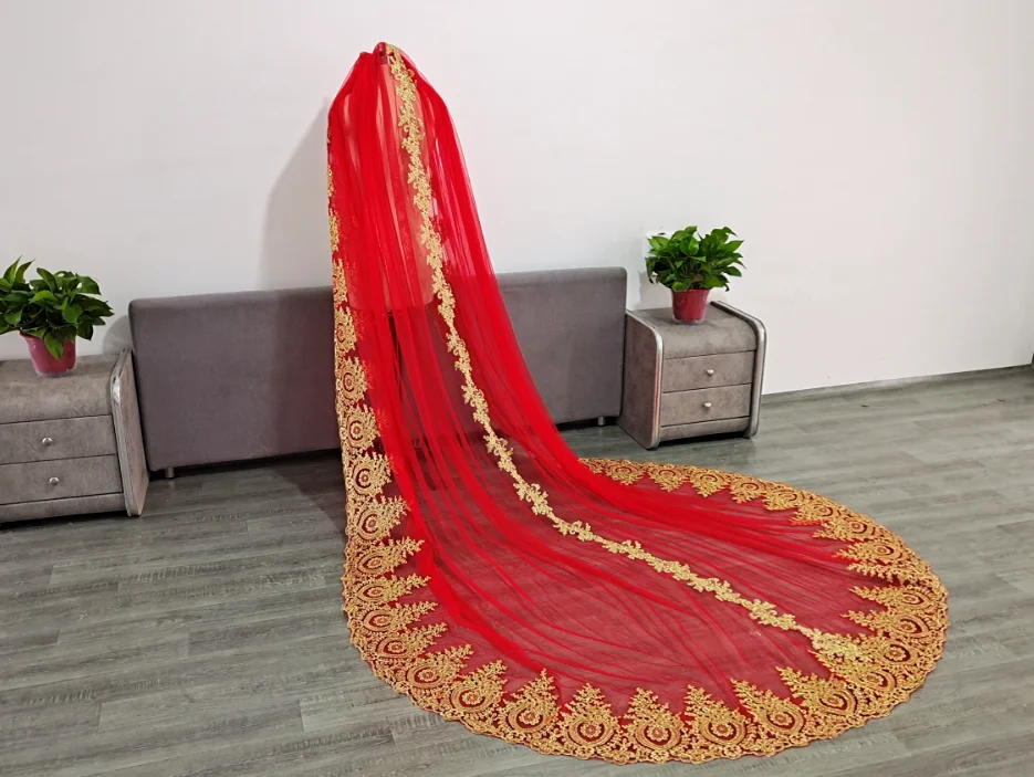 Velo Da Sposa Di Lusso 1T, Veli Da Sposa Cattedrale, Veli Di Pizzo Oro + Rosso, Velo Da Sposa A Strato Singolo, Velo Da Sposa