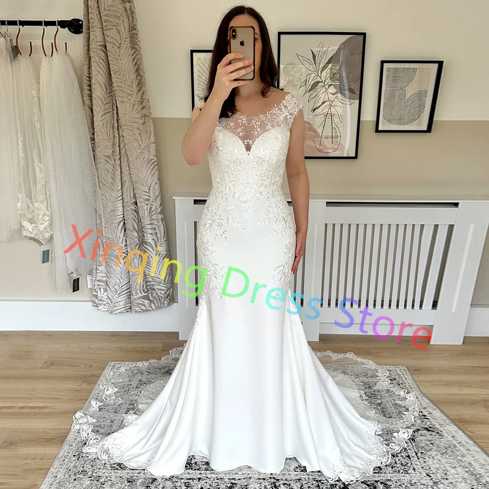 Customized Scoop Jersey Appliques Wedding Dresses Cap Sleeves Mermaid Bridal Gowns with Lace Court Train Button Back Custom Made