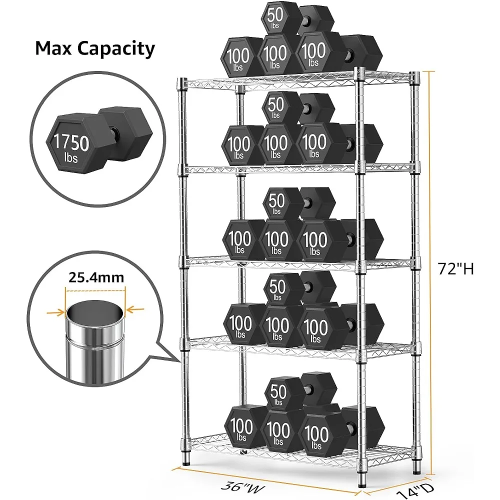 MZG Steel Storage Shelving 5-Tier Utility Shelving Unit Steel Organizer Wire Rack for Home,Kitchen,Office,Chrome (13.7" D x 35.4