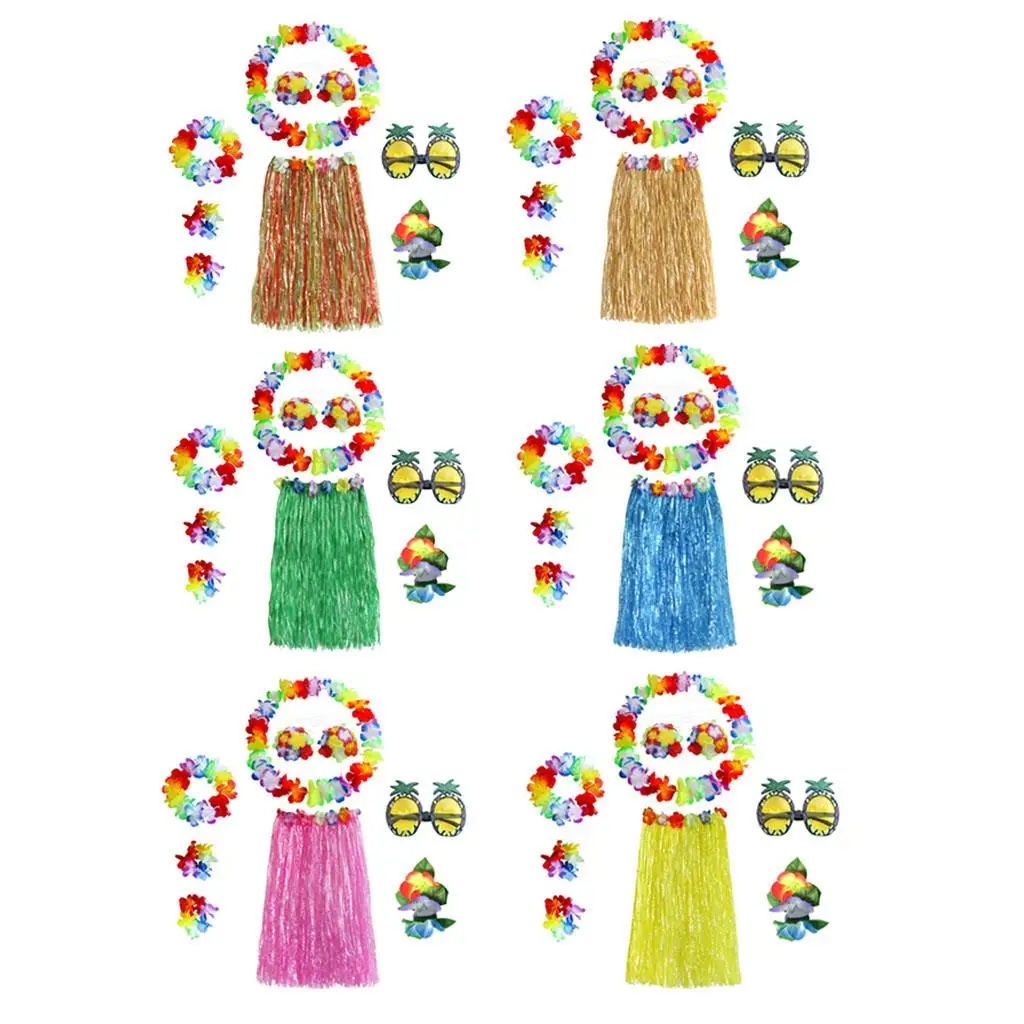 Zestaw hula dla dzieci i dorosłych z regulowaną spódnicą hula, naszyjnikiem i bransoletką, idealny na tropikalne imprezy luau, plażowe imprezy taneczne.