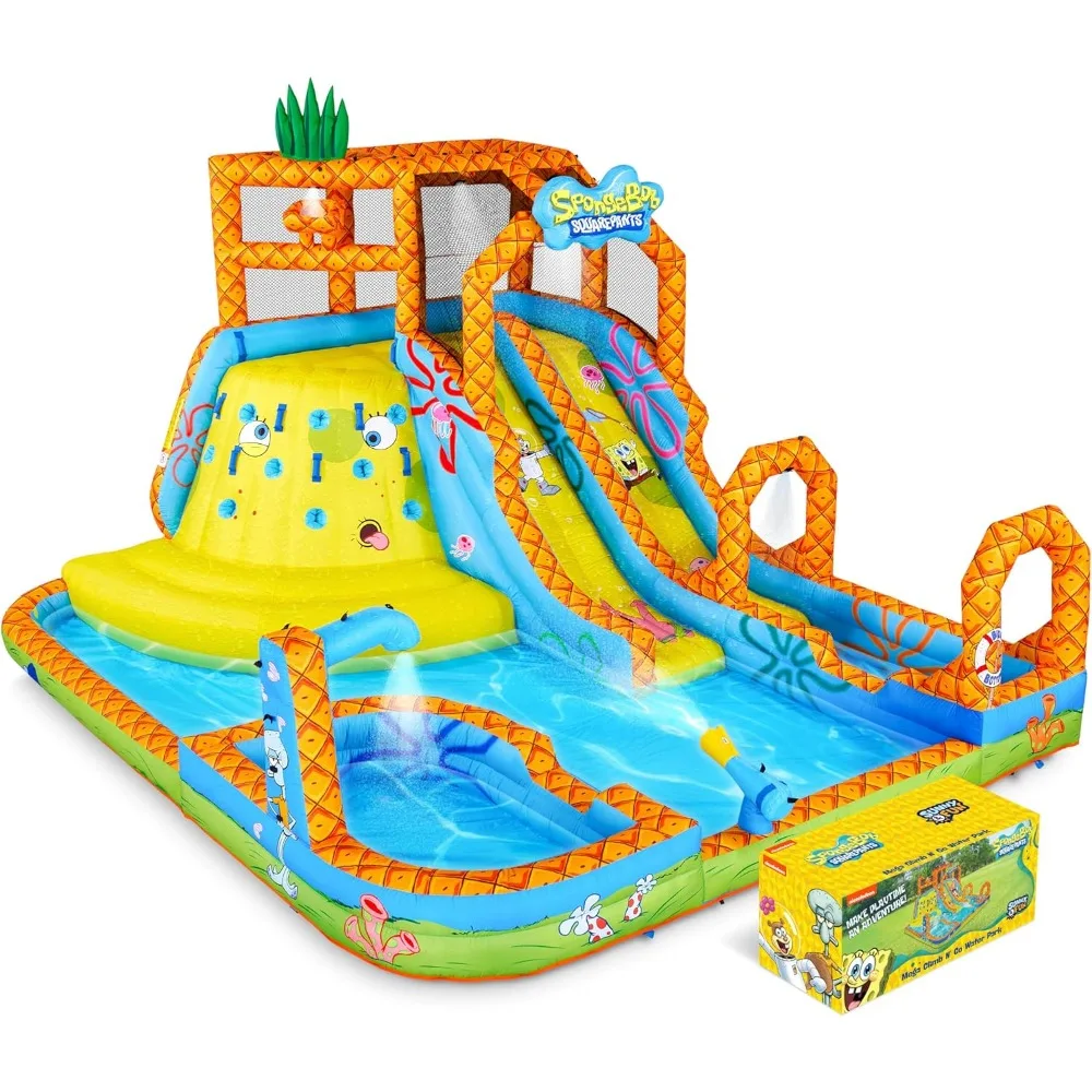 

Sunny & Fun SpongeBob Mega Climb N’ Go Inflatable Water Slide Park – Heavy-Duty for Outdoor Fun - Climbing Wall, 2 Slides