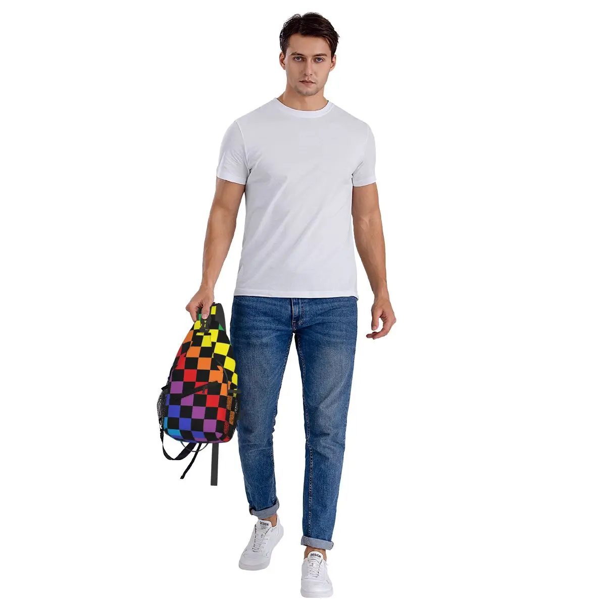 Borsa da petto nera arcobaleno a quadretti da uomo, zaino a tracolla, borsa da petto, borsa da viaggio, escursionismo, zaino a tracolla