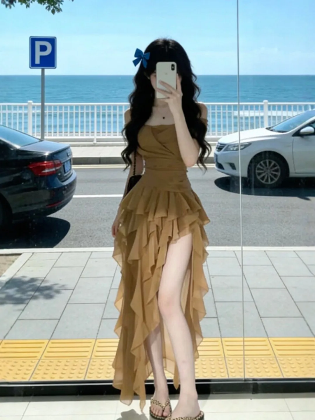 

Gentle Wind Beautiful One-Shoulder Uneven Strap Dress Summer New Style Midi Dress Women's Fashion Soft Polyester Fiber