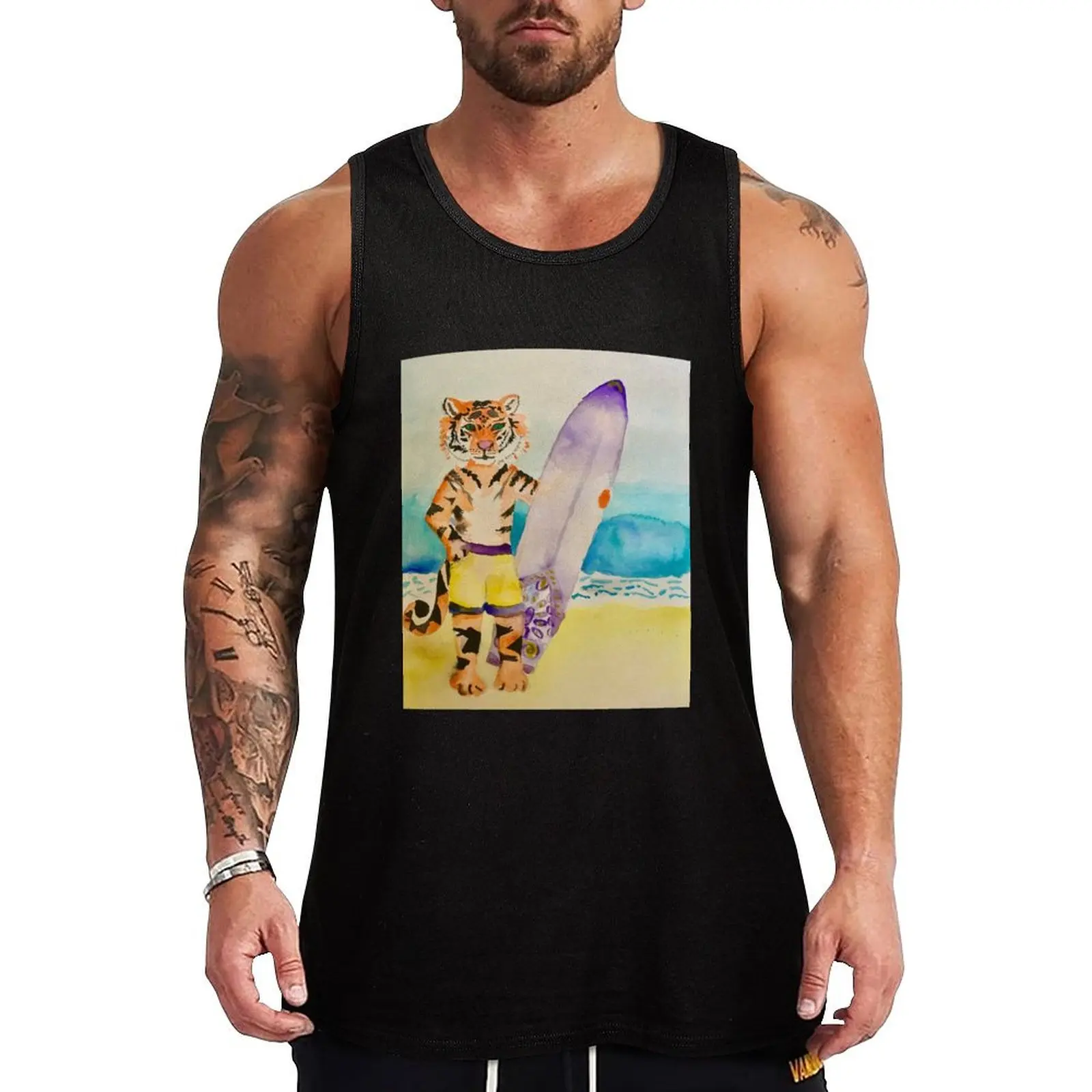 Tiger with surfboard Tank Top Vest gym clothing men men gym