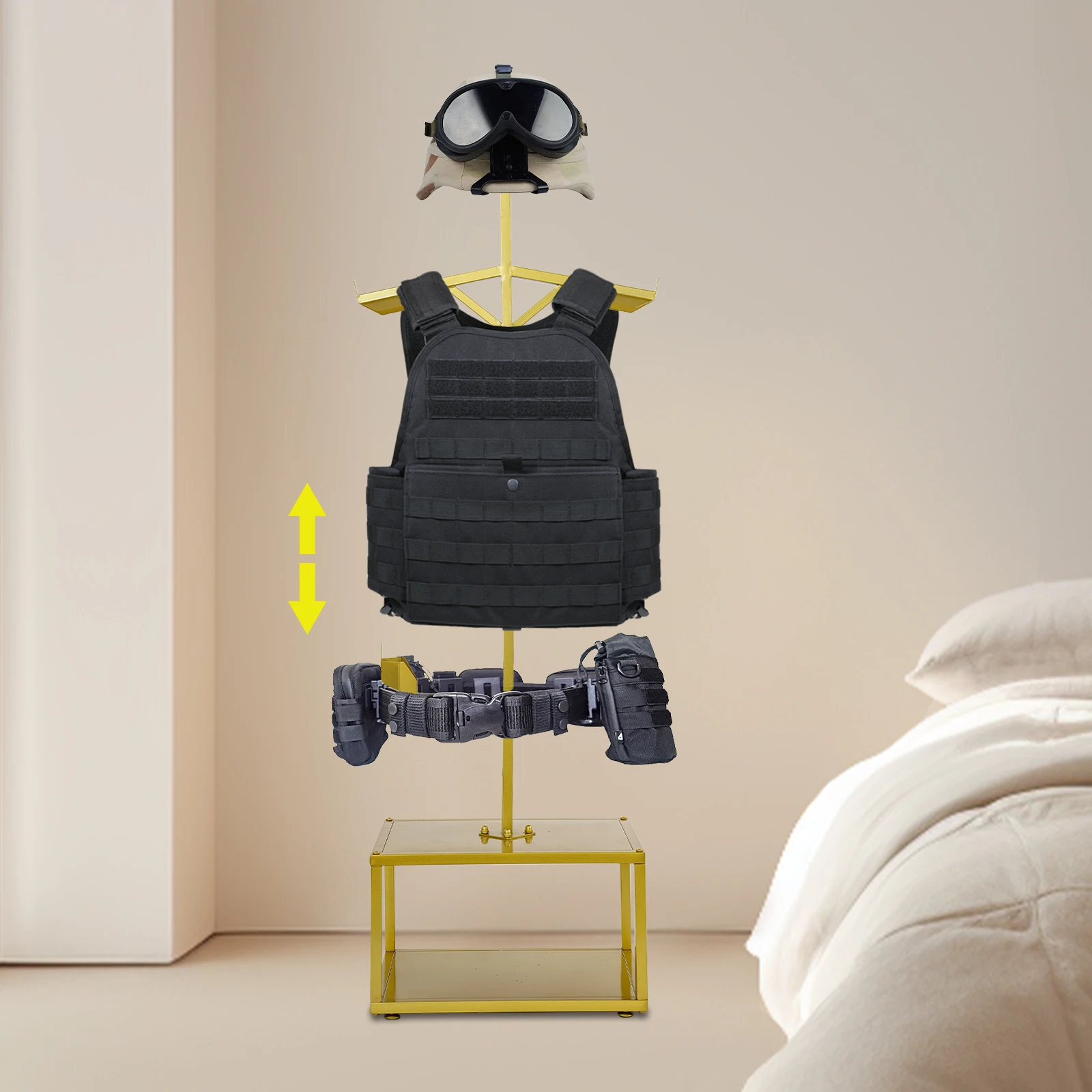 حامل تروس تكتيكي متين من الفولاذ قابل للتعديل، رف متعدد للخوذات/السترات/الأحذية، الاستخدام العسكري والشرطي، سهل التجميع