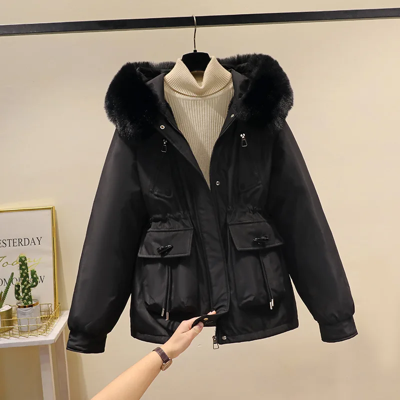 Women's Autumn Winter Top Coat Cotton Coat Fur Collar Thickened Fleece Lining Comfortable Casual Design Niche Versatile Skinny