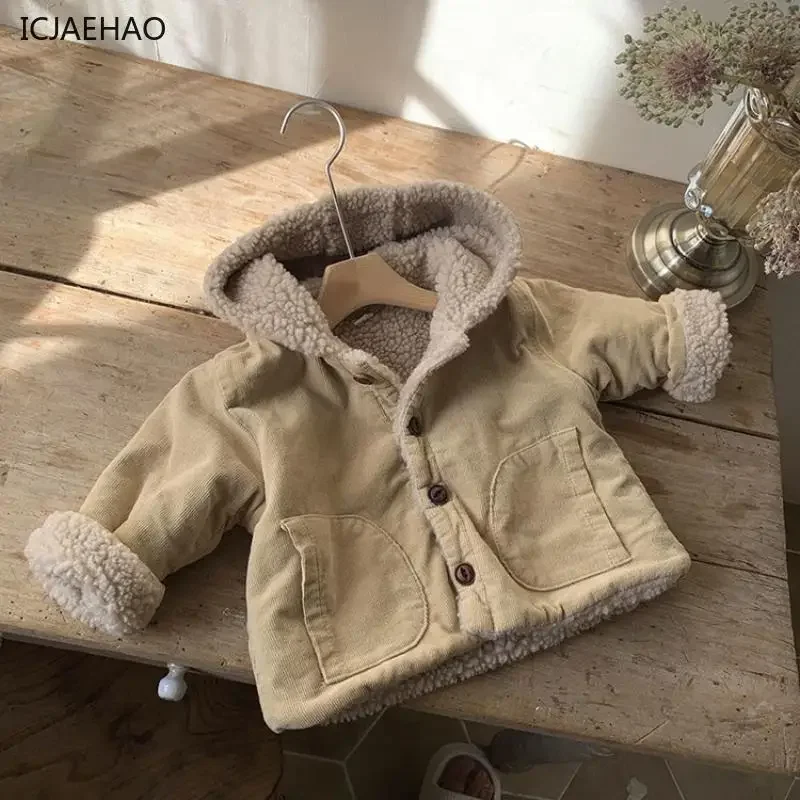 

2024Baby Girls Winter Corduroy Jackets Children Korean Hooded Coat Infants Kids Children Lamb Wool Padded Clothes Hood Outerwear