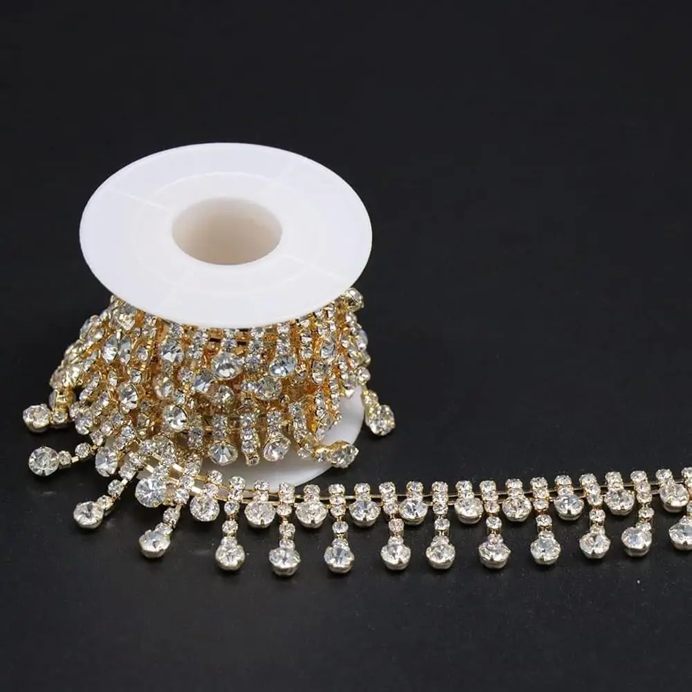 

Gold Rhinestone Tassel Fringe Trim Crystal Close Chain Applique for Sewing Crafts Ideal Wedding Party Clothing DIY Decoratio