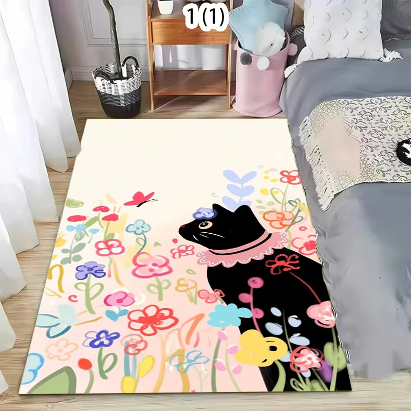 Black Cat & Flower Area Rug Non-Slip Washable Floor Mat with Watercolor Print  Themed Carpet for Bedroom 