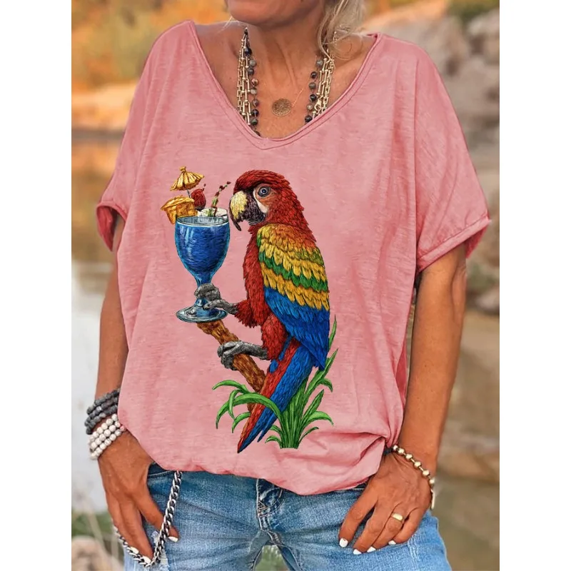ilstile Women's Parrot Print T-Shirts  Summer Music Featival Short Sleeve T Shirt Casual Loose V Neck Tops Tees New Arrival