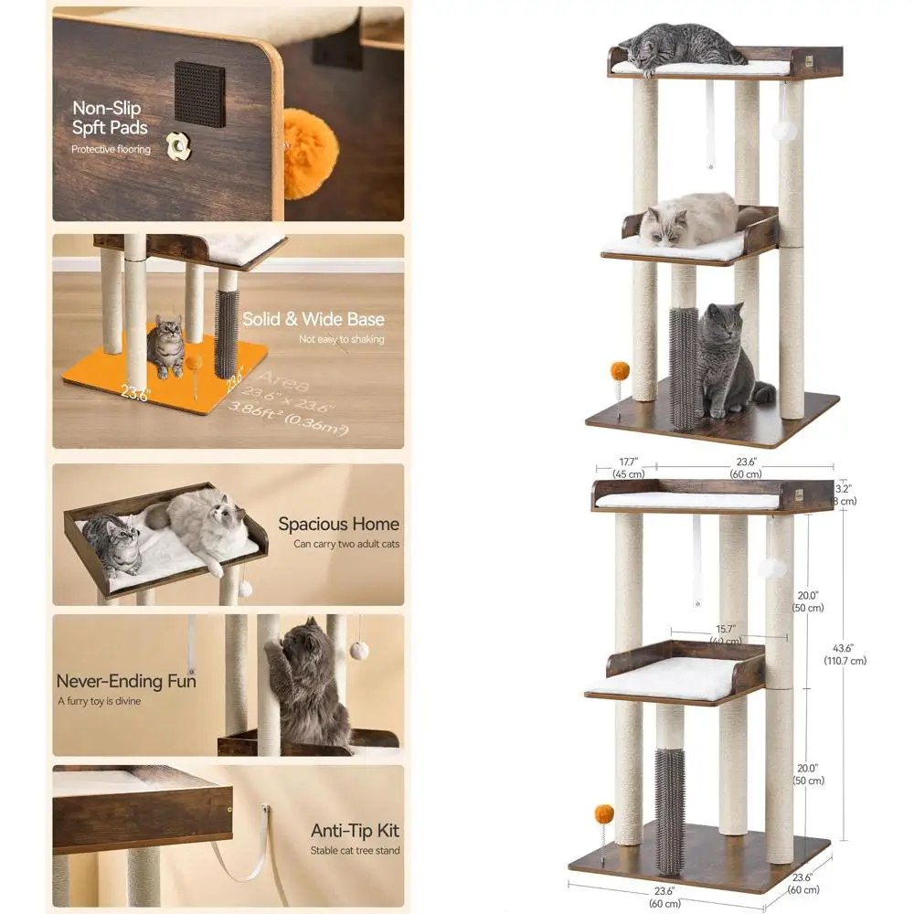 

Большая комнатная башня для кошек, 43,7 современного кондоминирования для кошек с когтеточкой, окунем и съемными подушечками, коричневый в деревенском стиле