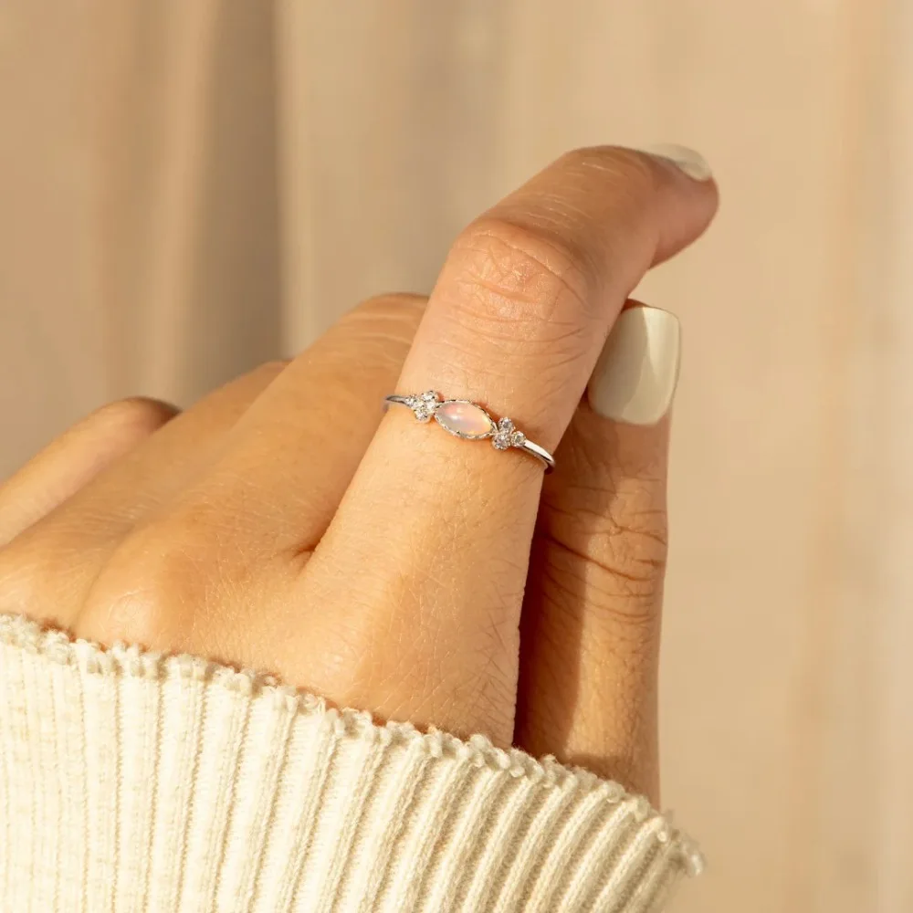 Trumium S925 Sterling Silver Marquise White Opal Zircon Rings for Women Engagement Wedding Stackable Ring Simple Fine Jewelry