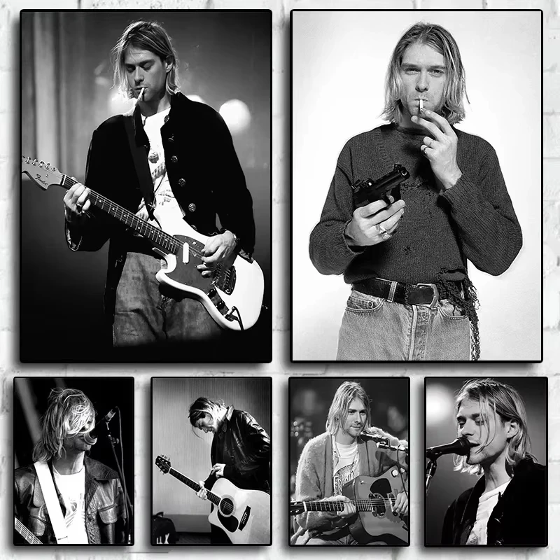 Preto e branco kurt cobain rock cantor fotografia cartaz arte da parede fotos pinturas em tela decoração do quarto casa