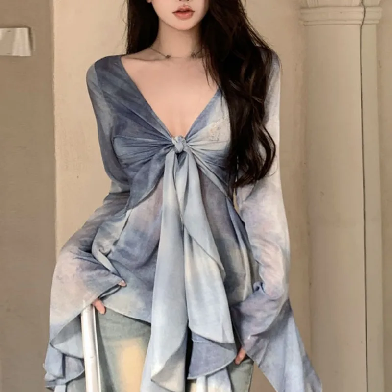 Skinny Blouses for Women Sexy Spring Clothing Flare Sleeve Thin V-neck Niche Tie Dye Design All-match Party Hot Girls Young Chic