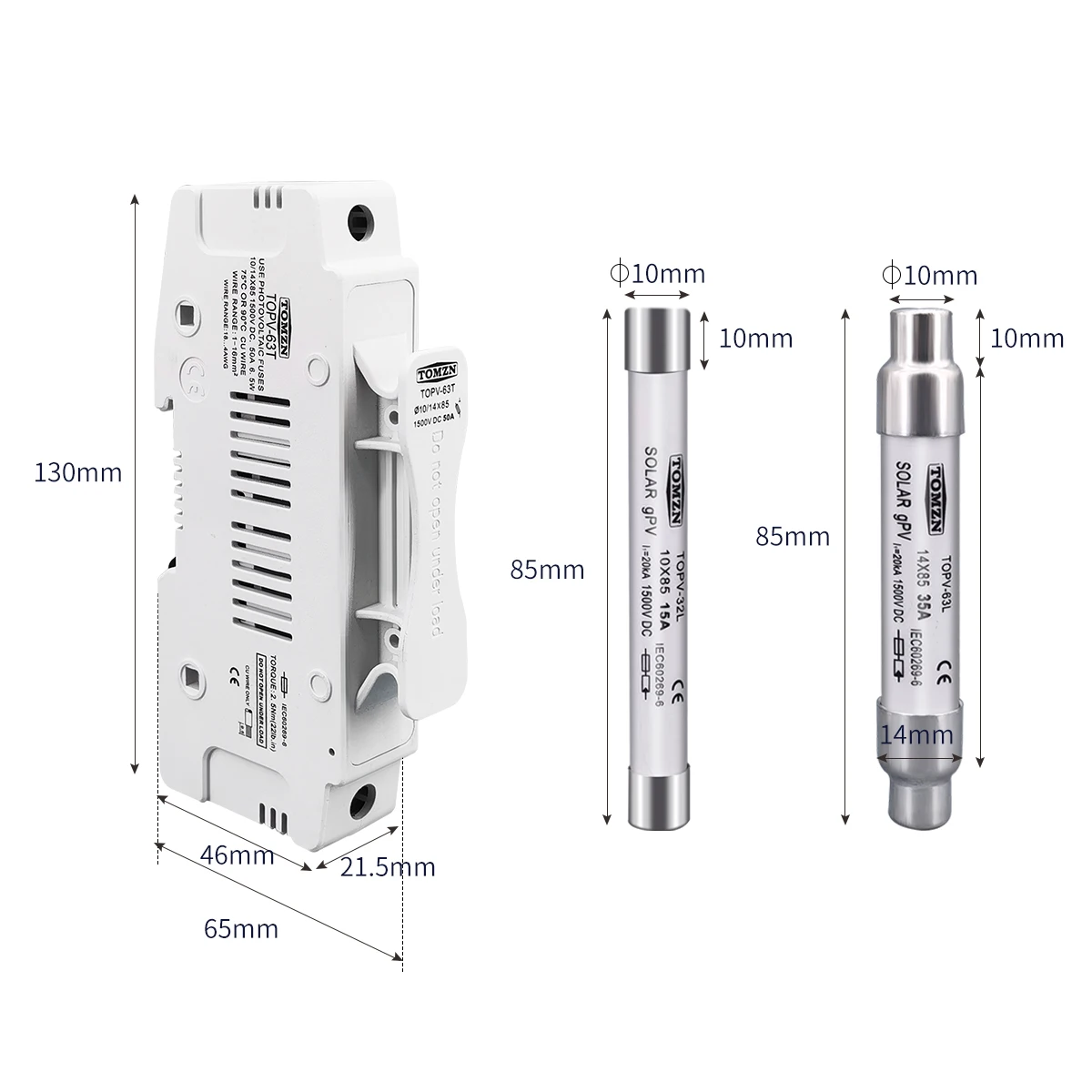 TOMZN 1P Portafusibile solare fotovoltaico 1500V CON 1 PZ 10*85 o 14*85 Fusibile fotovoltaico per protezione del sistema solare Base Protezione fotovoltaica gpV