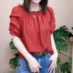 Fashion O-Neck Solid Color Folds Puff Sleeve Blouses Women's Clothing 2024 Summer New Loose All-match Tops Casual Shirts