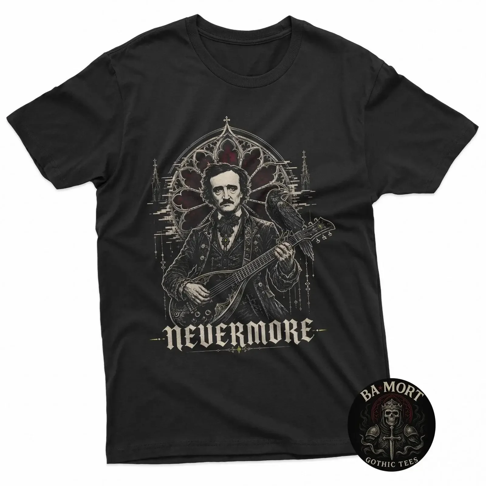 Edgar Allan Poe Raven E-Gitarre Gothic T-Shirt Vintage gewaschenes Grafikdesign leicht bequem atmungsaktiv vielseitig