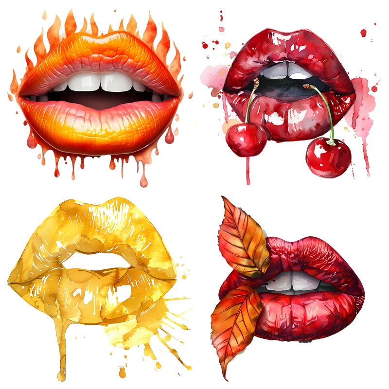 Fashion red sexy lip maple cherry Heat Transfer Stickers For Clothes DTF Iron On Stickers Vinyl Washable patch T-Shirt DIY Decal