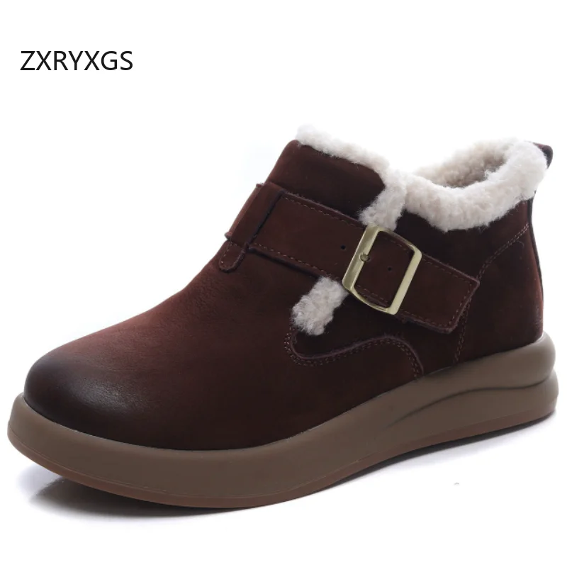 

ZXRYXGS Top Layer Cowhide Snow Boots 2025 Winter New Comfortable Warm Cotton Boots Flat Thick Sole Women Ankle Boots Snow Shoes