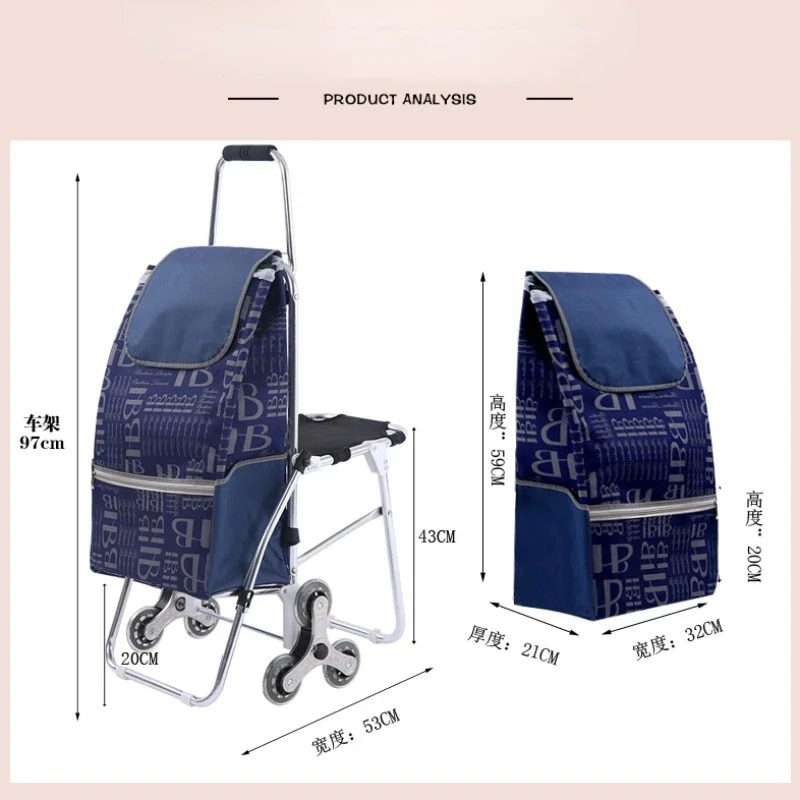 Shopping Basket Carrier Elderly Shopping Cart Large, Can Be Pushed Can Sit with Stool Shopping Trolley, Folding Rod Hand Cart