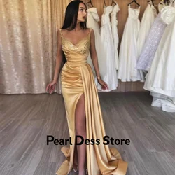 Customized elegant golden satin formal dress with long beaded evening party dress, V-neck high slit thin shoulder strap customiz