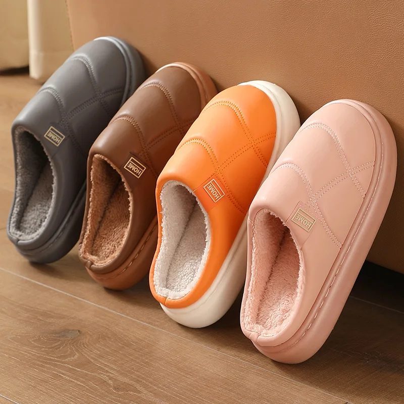 PU Upper Splash-proof Cotton Slippers Unisex Plus Size Indoor Home Fleece Lined Warm Anti-slip Casual Couple Slippers