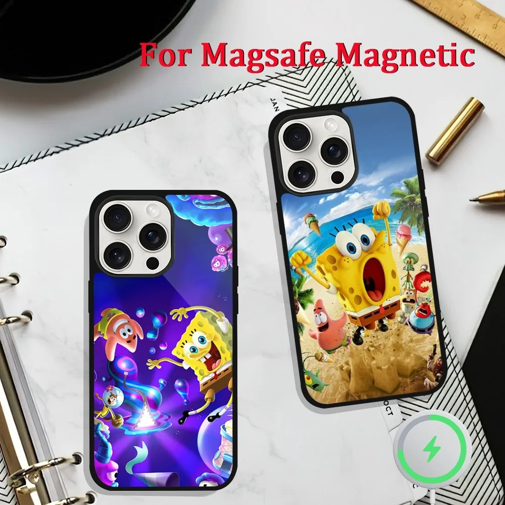 Cartoon S-Sponge b-bob Phone Case For iPhone 11 13 12 14 15 Plus Max Pro Magsafe Magnetic Wireless Charging shell