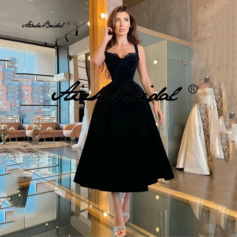

Elegant Black Velvet Short Prom Dress Sweetheart Zipper Back A-Line Evening Gowns Mid-Calf Length Homecoming Dress