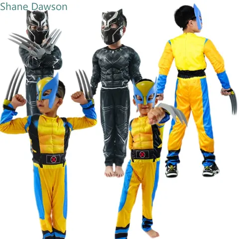 Wolverine Cosplay Costume Kids Boys Superhero Black Panther Claws Luxury Mask Jumpsuit Halloween Bodysuit Muscle Costumes Suit