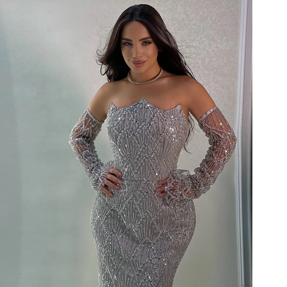 Robe de soirée sirène élégante à manches longues pour femmes, avec traîne détachable, perlée, robe formelle de bal de mariage, personnalisée, 2025