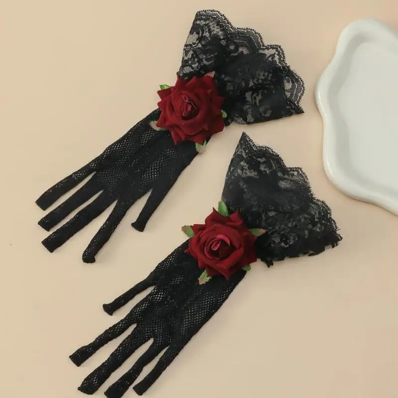 قفازات نسائية قصيرة من الدانتيل قفازات المعصم الزفاف مع زهرة للأوبرا مساء الزفاف حفلة موسيقية تأثيري 1920s 6XDA #3